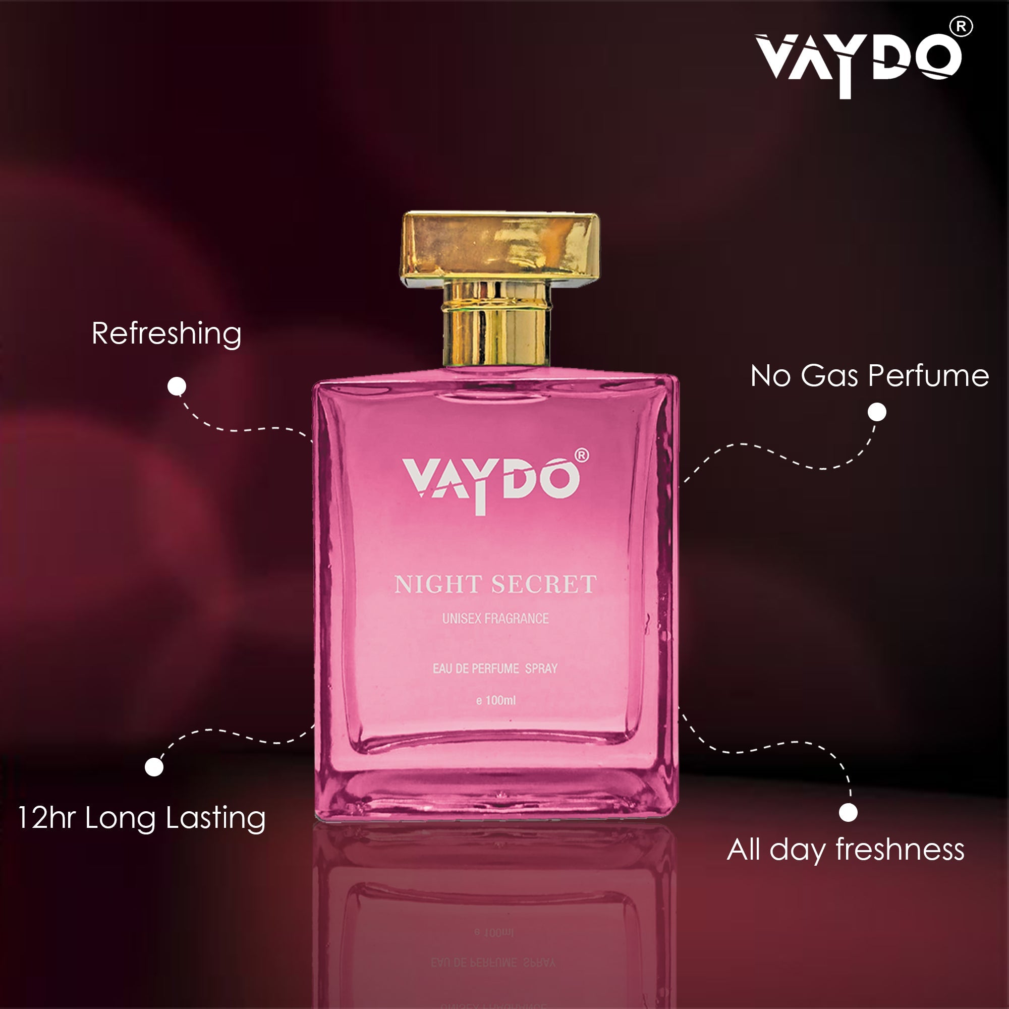 vaydo Night Secret Unisex Fragrance For Men And Women 12hr Long Lasting No Gas Perfume, Party, Function, Wedding, office, Day & Night Fragrance, Gift pack perfume Eau de Parfum - 100 ml