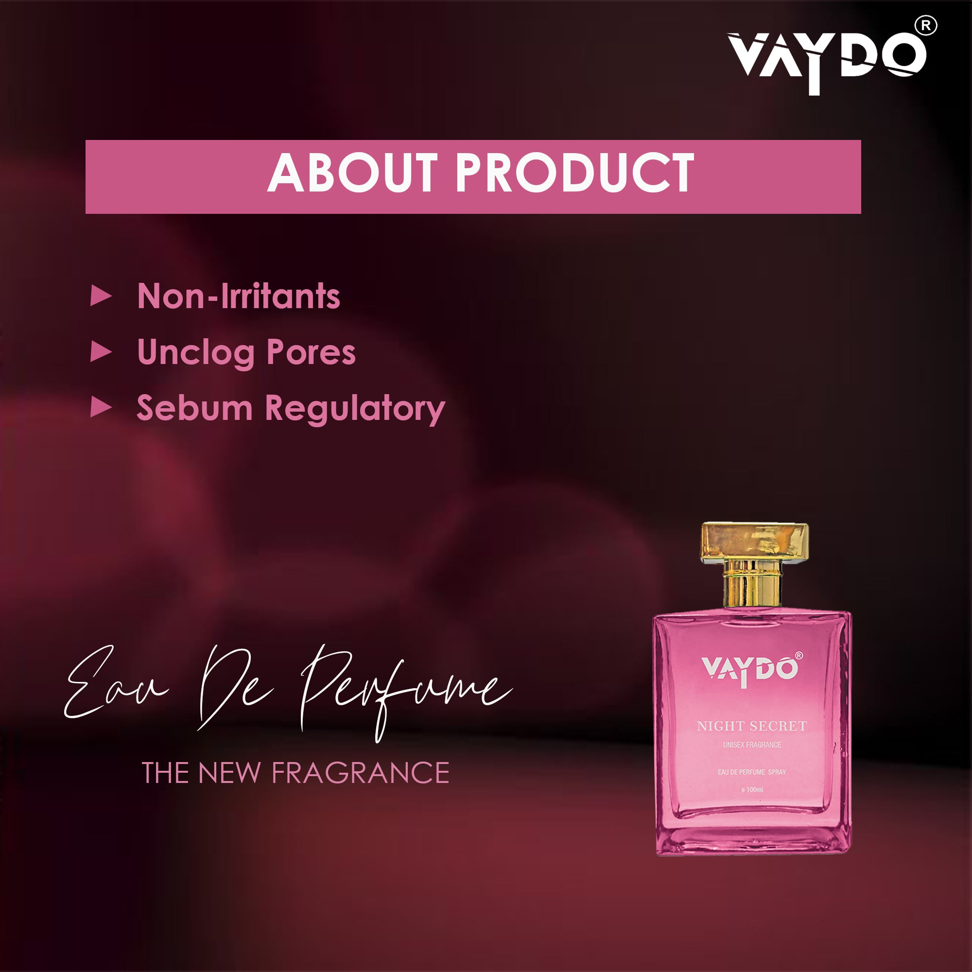 vaydo Night Secret Unisex Fragrance For Men And Women 12hr Long Lasting No Gas Perfume, Party, Function, Wedding, office, Day & Night Fragrance, Gift pack perfume Eau de Parfum - 100 ml